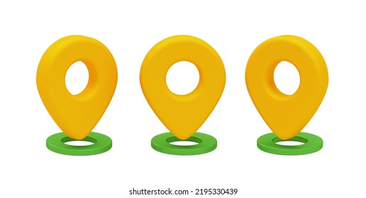 The Icon Of The Destination Marker In Different Angles. 3d Rendering. In Yellow And Green Tones. Isolated On A White Background