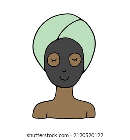 Icon Of Doodle Beautiful Spa Day Girl In Green Towel With Mud Mask On Her Face White Background