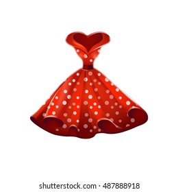 Icon Fashionable Stylish Red Dress With Polka Dots. Cartoon Gift Art.