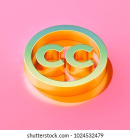 Icon Of Gold Creative Commons On The Candy Pink Background. 3D Illustration Of Creative Commons, Logo, License, Square Isometric Icon Set.