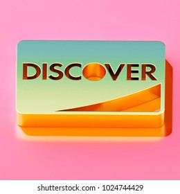 Icon Of Gold Credit Card Discover On The Candy Pink Background. 3D Illustration Of Charge, Credit Card, Discover, Payment Isometric Icon.