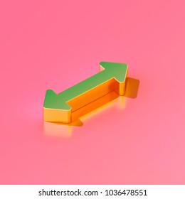 Icon Of Gold Horizontal Arrows On The Candy Pink Background. 3D Illustration Of Arrows, Bi Directional, Horizontal, Pass Isometric Icon.