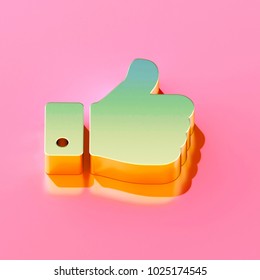 Icon Of Gold Thumbs Up On The Candy Pink Background. 3D Illustration Of Approve, Facebook, Favorite, Like, Thumbs, Up Isometric Icon.