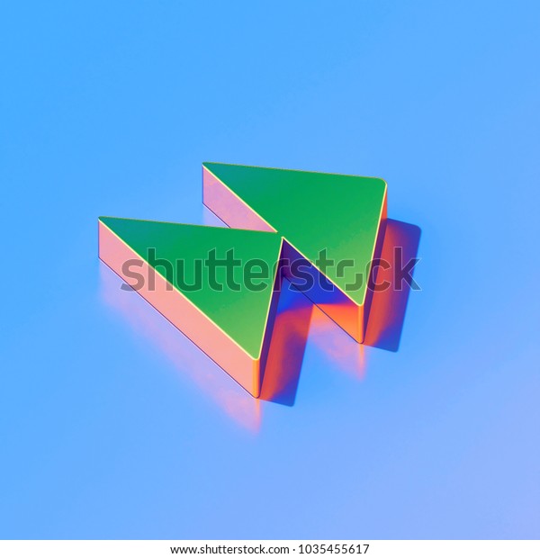 Icon of green arrow forward on the glossy blue\
background. 3D illustration of Arrow, forward, next, play, right\
isometric icon.