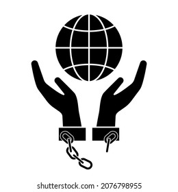Icon Of Hands In Broken Handcuffs Holding Globe. Symbol Of Freedom And Free World
