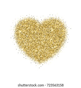Icon of Heart with gold sparkles and glitter, glow light, bright sequins, sparkle tinsel, shimmer dust. Heart sign isolated on white background