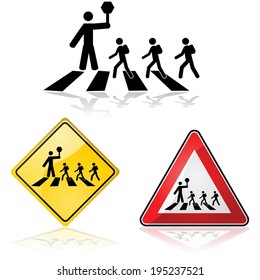 Icon Illustration Showing A Crossing Guard With A Stop Sign And Children Crossing The Street