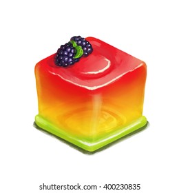 Icon Of Jello Cube With Blackberries On White Isolated Background.