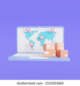 icon Laptop with the world map cardboard box with an app for online shopping, world map background, and Worldwide delivery tracking. 3D illustration - Powered by Shutterstock