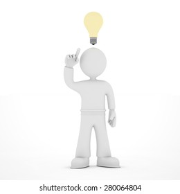 Icon of man with idea light bulb over head, 3D render