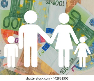 Icon Of Man, Woman And Children Over Euro Banknotes. Financial Situation Of Parents. Starting The Family And Responsibility Of Mother And Father On Finance, Spending, Saving, Social Security Benefits