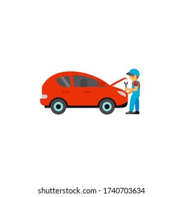 Icon of mechanic opening hood to fix car engine. Service, technician, maintenance. Automobile repair concept. Can be used for topics like garage, car diagnostic, job