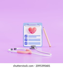 icon medical check-up clipboard  checklist, cardiovascular disease prevention test, heart diagnostic, electrocardiography service, undergo ECG procedure, 3D illustration