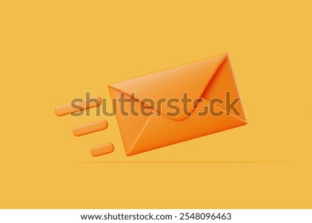 Icon with motion lines, symbolizing fast message delivery, communication, and digital mail services on a yellow background. 3D render illustration