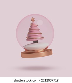 Icon Pink Vintage Snow Globe With Decoration With Christmas Tree. 3d Render.