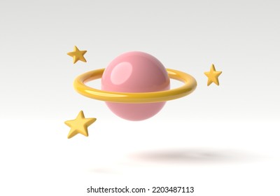 Icon Planet With Ring Around And Stars. Saturn, Jupiter, Uranus Or Neptune. 3D Render, 3D Illustration. Cartoon Minimal Style