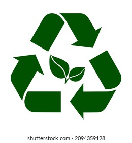 Icon Of Recycling Sign And Green Leaves. Symbol Of Circular Economy And Sustainable Products Made Of Recycled, Recyclable Or Biodegradable Materials