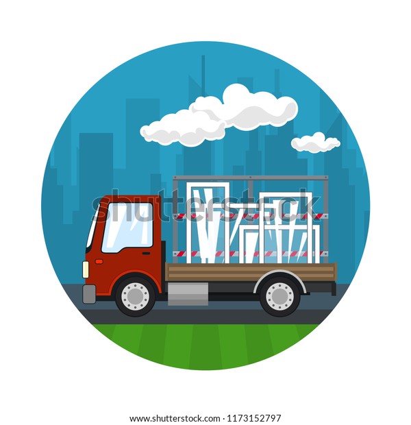 Icon of Red Small Truck Transports Windows,\
Lorry on the Road against the Background of the City,\
Transportation and Cargo Delivery Services, Logistics, Shipping and\
Freight of Goods, \
Illustration