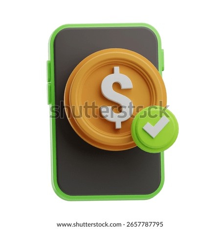 Icon representing mobile payment, featuring a smartphone with a dollar coin and checkmark for secure transactions.