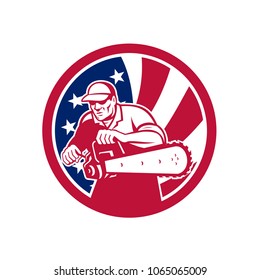 Icon Retro Style Illustration Of An American Lumberjack Arborist Or Tree Surgeon Holding A Chainsaw With United States Of America USA Star Spangled Banner Or Stars And Stripes Flag Circle Isolated.
