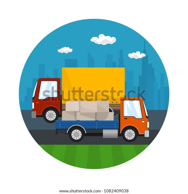 Icon of Road Transport and\
Logistics, Small Covered Truck and Cargo Van with Boxes Drive on\
the Road, Shipping and Freight of Goods, Flyer Brochure Design, \
Illustration