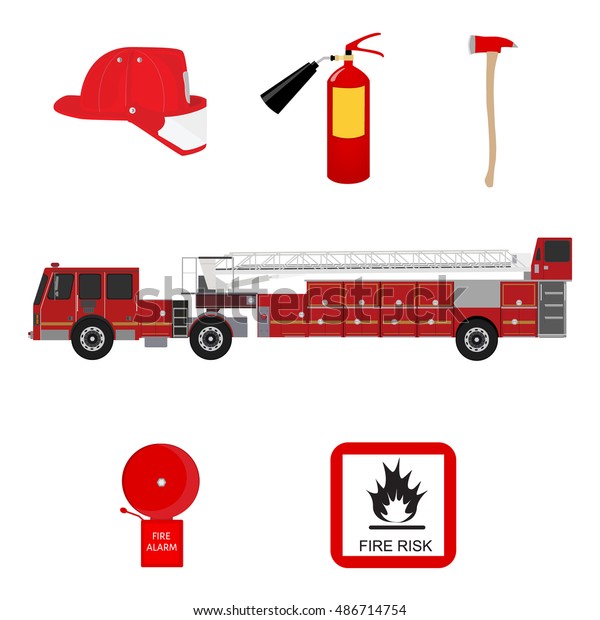 Icon set of firefighting equipment raster
illustration isolated on white
background
