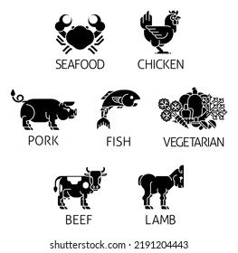 An Icon Set Of Food Label Signs For Menu Or Meal Options Or Similar. Icons Representing Chicken, Lamb And Fish. Crab For Seafood, Cow For Beef, Pig For Pork And Vegetables For The Vegetarian Option.