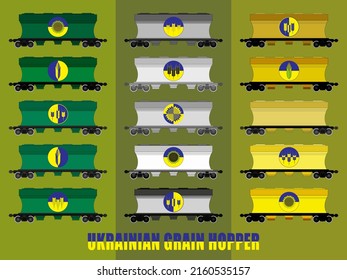 Icon set of hoppers for transportation of bulk grain, corn, sunflower and cereals in the colors of the Ukrainian flag. Ukrainian grain hoppers are yellow-blue. Illustration