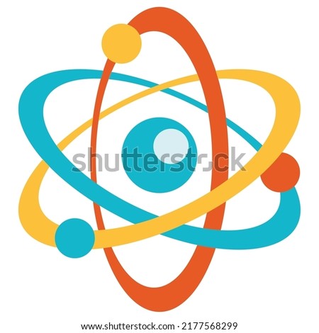 Icon structure of the nucleus of the atom. Around the atom, gamma waves, protons, neutrons and electrons. Colorfull