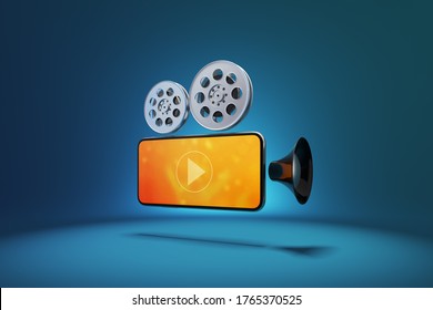 icon symbol movie camera used to film motion pictures and smartphone  Watching cinema music entertainment media smartphone and film strip  object   screen clipping path  3D Illustration 