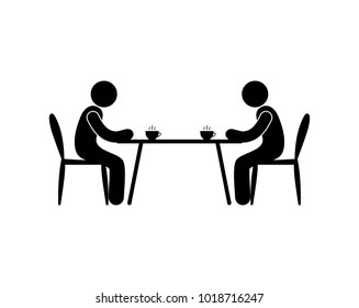 Icon, Two People Are Sitting At The Table With Cups Of Coffee, Stick Figure, Pictogram