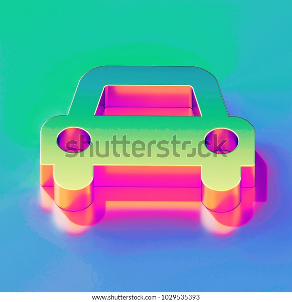 Icon of\
yellow green car with gold and pink reflection on the brilliant\
blue green background. 3D illustration of network Car,\
transportation, travel, vehicle isometric\
icon.