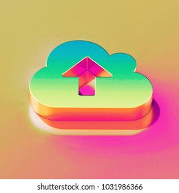 Icon of yellow green cloud upload with gold and pink reflection on the bright yellow rose background. 3D illustration of graphic Arrow, cloud, storage, top, up, upload isometric icon.