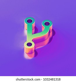 Icon of yellow green fork code with gold and pink reflection on the glamour purple background. 3D illustration of creative Code, coding, fork, git, github isometric icon.