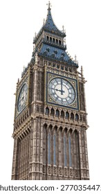 Iconic Big Ben clock tower in London, UK. Professional 3D illustration of the Elizabeth Tower with detailed stone masonry and gold ornaments. Isolated on white background.