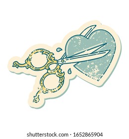 iconic distressed sticker tattoo style image scissors cutting heart