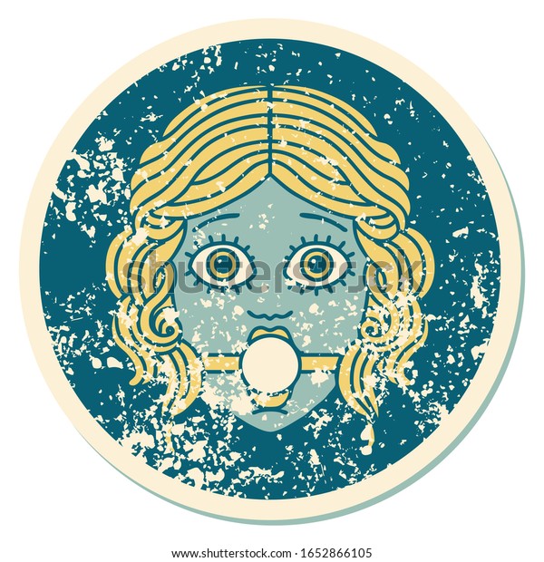 ボールギャグを着た女性の顔の象徴的な痛みを伴うステッカーの入れ墨 のイラスト素材
