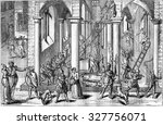 The Iconoclasts in Antwerp in 1566, vintage engraved illustration. Magasin Pittoresque 1877.
