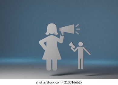 Icons Big Figurine Of A Woman Screaming At A Small Man. Figurines Of A Man And A Woman In White With Shadows On An Illuminated Blue Background. 3d Render. 3d Illustration