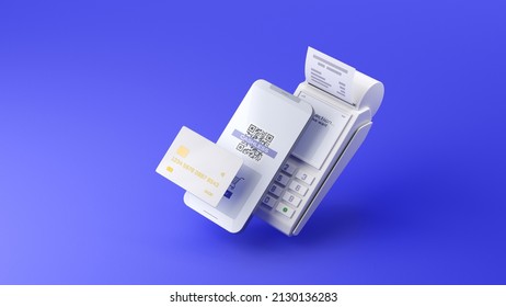 Icons of credit card with chip, POS terminal with receipt and smartphone with QR code on screen. Cashless society concept. Digital transfer of money. 3d render illustration. Clipping path included.