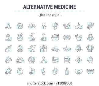Icons in flat, contour, thin and linear design. Alternative medicine. Natural beauty. Simple isolated icon on  background. Concept illustration for Web site app. Sign, symbol, emblem. Raster version.