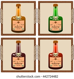 icons with glass bottles of pirate rum