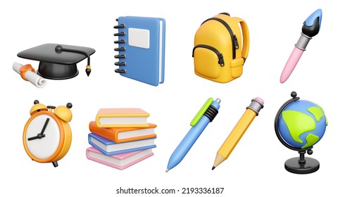 Icons set for back to school, learning and onlline education banners. School bag, notebook, writing accessories, globe, books stack, clock and graduation cap. 3d high quality isolated render - Powered by Shutterstock