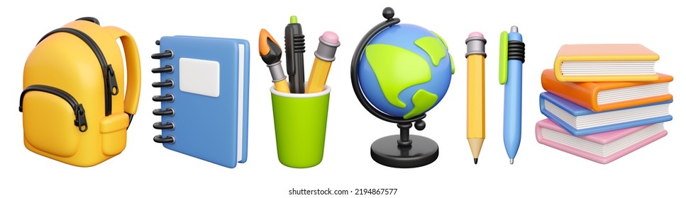 Icons Set For Back To School, Learning And Onlline Education Banners. School Bag, Notebook, Writing Accessories, Globe And Books Stack. 3d High Quality Isolated Render