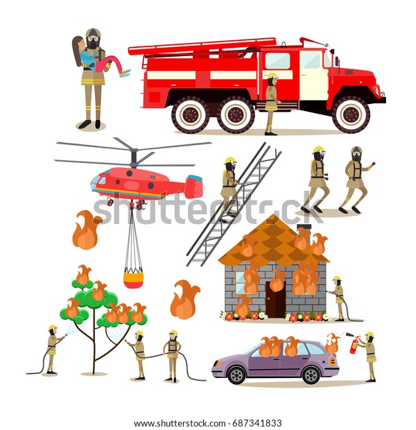 Icons set of firefighter profession people\
isolated on white background. Firefighting truck, helicopter,\
firemen saving people, forest, transport and house from fire flat\
style design\
elements.