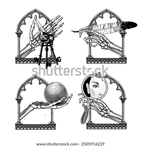 Icons of skeleton hands in a gothic window frame holding a bunch of keys, a bird's pen, an iron ball and a round mirror with a reflection of a woman's face. Ilustration in engraving style