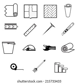 Icons for working with linoleum. Set of black contour icons for working with linoleum on white background.