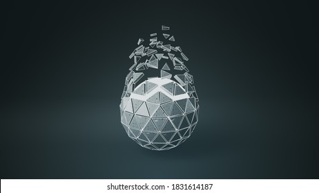 Icosahedron ball shape and flying polygons. Abstract futuristic technology or science fiction concept. 3D rendering with DOF