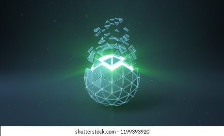 Icosahedron Ball Shape And Teal Glowing Core. Abstract Futuristic Technology Or Science Fiction Concept. 3D Render
