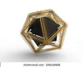 The icosahedron was destroyed by the explosion into many small fragments. Fragments fly to the sides. Illustration isolated on white background. 3D rendering